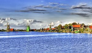 Preview wallpaper river, bank, mill, sky, hdr