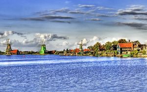 Preview wallpaper river, bank, mill, sky, hdr