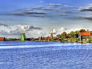 Preview wallpaper river, bank, mill, sky, hdr