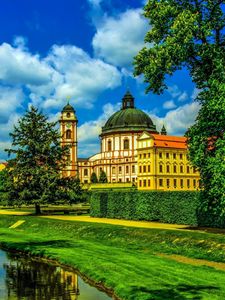 Preview wallpaper river, beach, grass, tree, house, castle