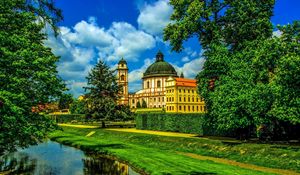 Preview wallpaper river, beach, grass, tree, house, castle