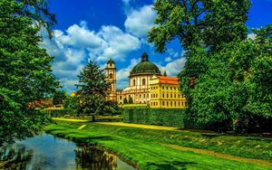 Preview wallpaper river, beach, grass, tree, house, castle