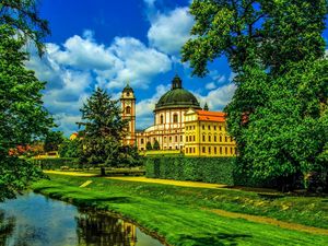 Preview wallpaper river, beach, grass, tree, house, castle