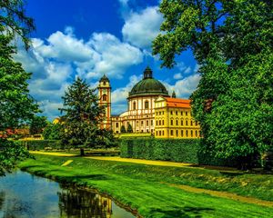 Preview wallpaper river, beach, grass, tree, house, castle