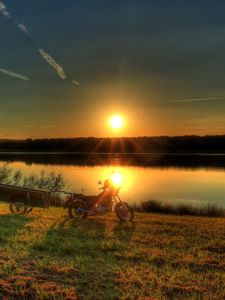 Preview wallpaper river, bike, sunset, grass