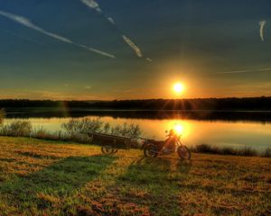 Preview wallpaper river, bike, sunset, grass