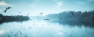 Preview wallpaper river, birds, flock, fly, sky, boat, reflection