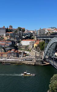 Preview wallpaper river, boat, buildings, city, bridge