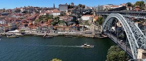 Preview wallpaper river, boat, buildings, city, bridge