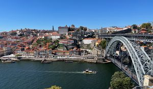 Preview wallpaper river, boat, buildings, city, bridge