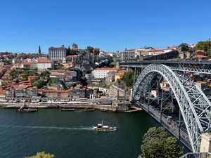 Preview wallpaper river, boat, buildings, city, bridge