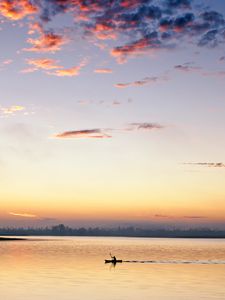 Preview wallpaper river, boat, dusk, water, dark