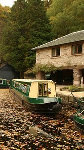 Preview wallpaper river, boat, fall, foliage