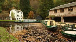 Preview wallpaper river, boat, fall, foliage