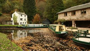Preview wallpaper river, boat, fall, foliage