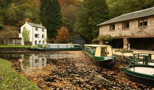 Preview wallpaper river, boat, fall, foliage