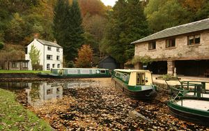 Preview wallpaper river, boat, fall, foliage