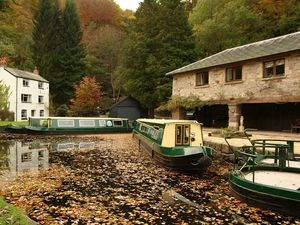 Preview wallpaper river, boat, fall, foliage