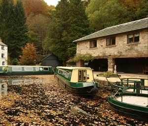 Preview wallpaper river, boat, fall, foliage