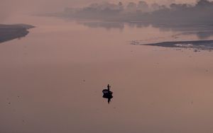 Preview wallpaper river, boat, fog, silence, windless, lonely