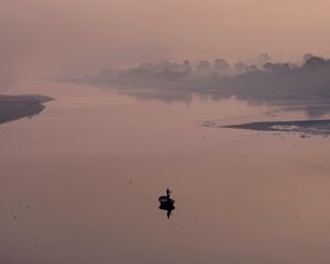 Preview wallpaper river, boat, fog, silence, windless, lonely