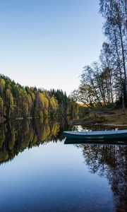 Preview wallpaper river, boat, forest, water, nature
