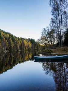 Preview wallpaper river, boat, forest, water, nature