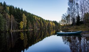 Preview wallpaper river, boat, forest, water, nature