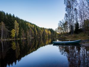 Preview wallpaper river, boat, forest, water, nature