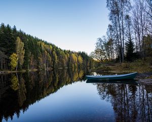 Preview wallpaper river, boat, forest, water, nature