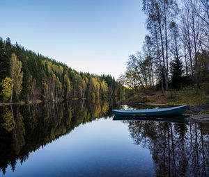 Preview wallpaper river, boat, forest, water, nature
