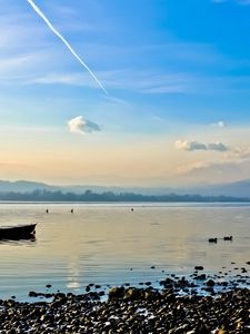 Preview wallpaper river, boat, landscape, stones, coast, sky, line