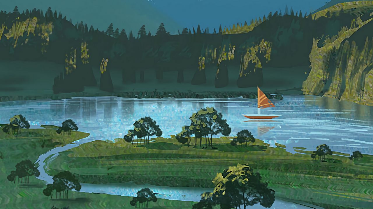 Wallpaper river, boat, mountains, nature, art