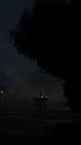 Preview wallpaper river, boat, night, dark, fog