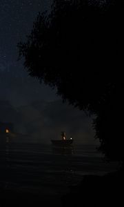 Preview wallpaper river, boat, night, dark, fog