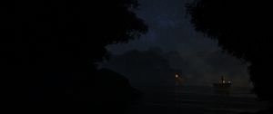 Preview wallpaper river, boat, night, dark, fog