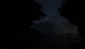 Preview wallpaper river, boat, night, dark, fog