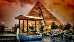 Preview wallpaper river, boat, pyramid