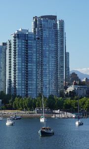 Preview wallpaper river, boats, city, buildings, coast