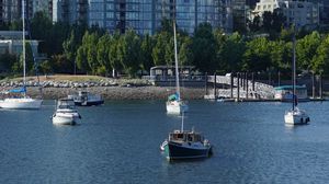 Preview wallpaper river, boats, city, buildings, coast