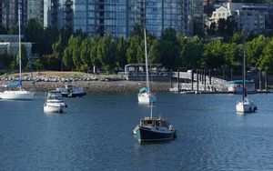 Preview wallpaper river, boats, city, buildings, coast