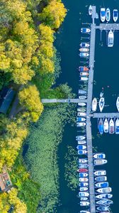 Preview wallpaper river, boats, pier, trees, aerial view