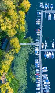 Preview wallpaper river, boats, pier, trees, aerial view