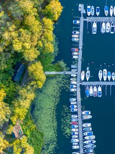 Preview wallpaper river, boats, pier, trees, aerial view