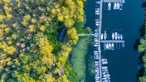 Preview wallpaper river, boats, pier, trees, aerial view