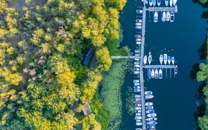 Preview wallpaper river, boats, pier, trees, aerial view