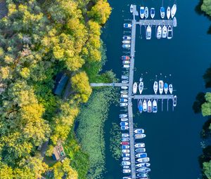 Preview wallpaper river, boats, pier, trees, aerial view