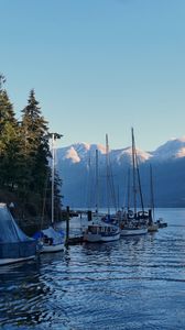 Preview wallpaper river, boats, shore, mountains