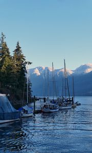 Preview wallpaper river, boats, shore, mountains