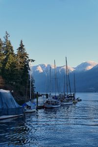 Preview wallpaper river, boats, shore, mountains